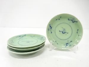 青磁　染付　人物　小皿　4客揃